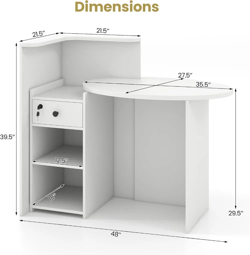 Front Counter Desk with Lockable Drawer Adjustable Shelf for Office Beauty