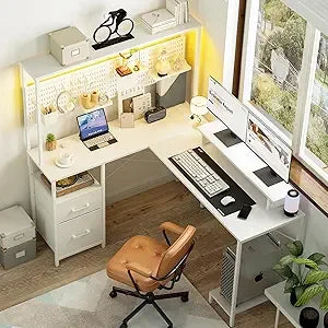 L Shaped Desk with Pegboard LED Lights and Power Outlets for Gaming