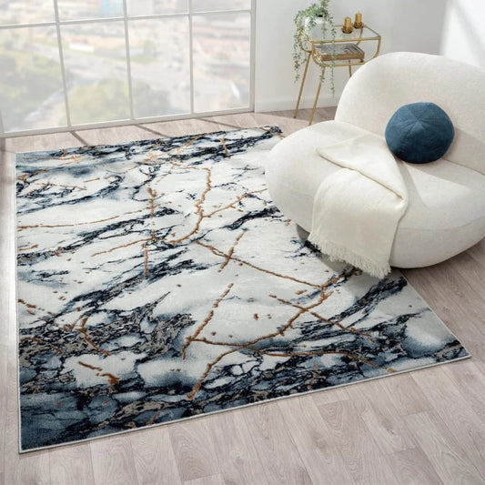 Marble Abstract Blue Area Rug 6x9 Soft Non-Shedding Stain Resistant