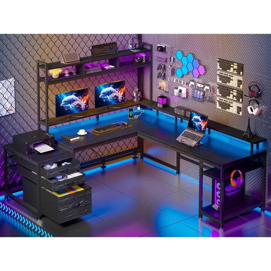 Large L Shaped Gaming Desk with Hutch Drawers Storage LED Light