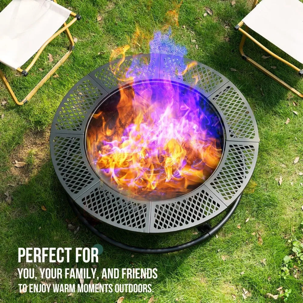 42 Inch Outdoor Fire Pit Table with Grill Wood Burning Metal Firepit