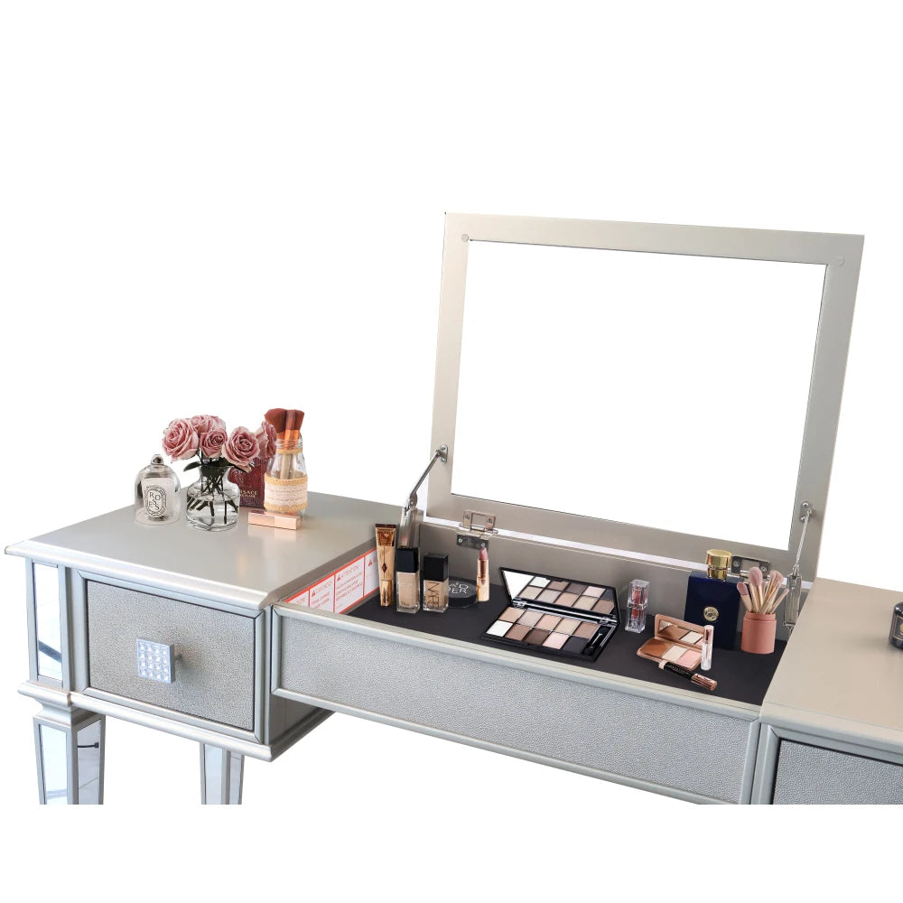 Luxury Mirrored Vanity Desk Set with Stool and Drawer Storage for Bedroom