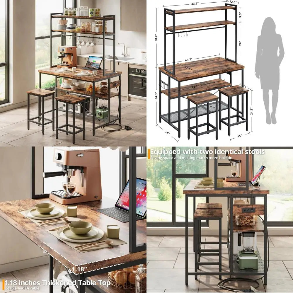 Stylish Kitchen Island Dining Table Set with Storage and Power Outlets
