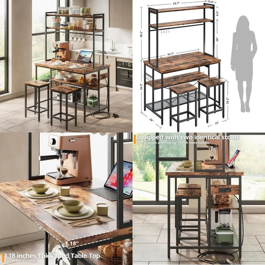 Stylish Kitchen Island Dining Table Set with Storage and Power Outlets