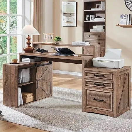 Modern Farmhouse Home Office Desk with File Cabinet 67 Inch