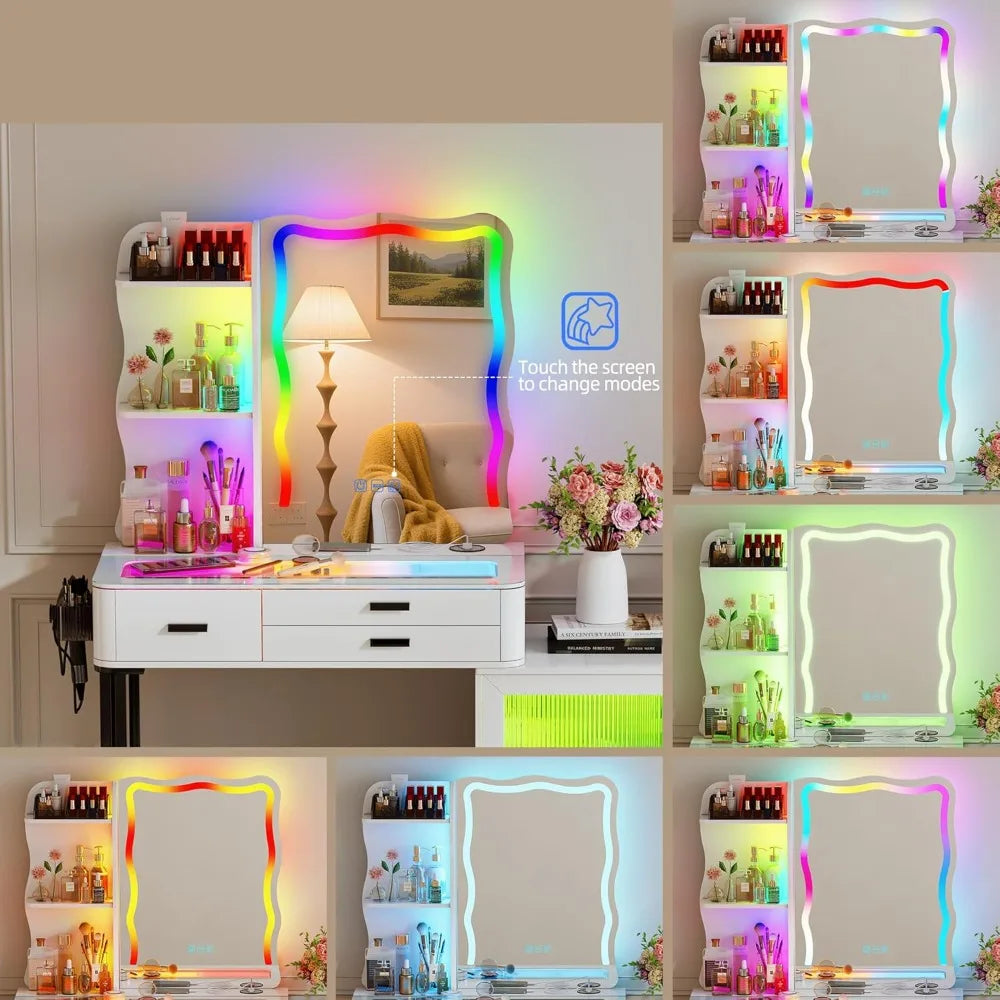 Large Makeup Vanity Desk with Mirror RGB Lights Charging Station