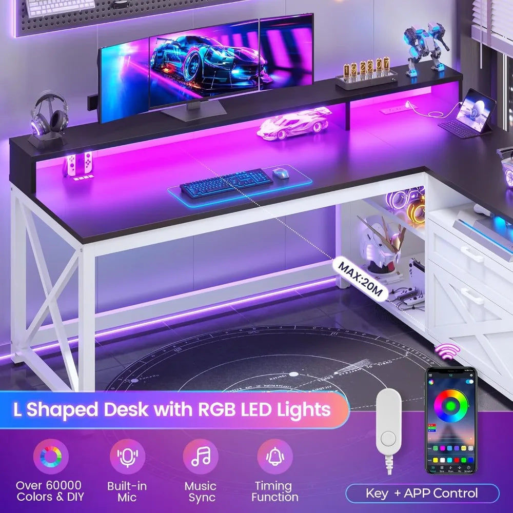 L Shaped Gaming Desk with LED Lights Power Outlet Storage Drawers