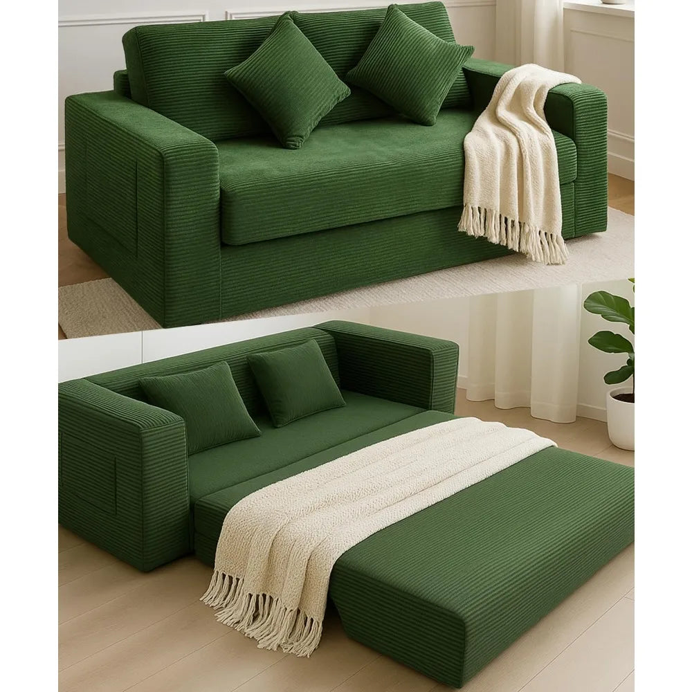 Foldable Sofa Bed 75 Inch Corduroy Sleeper Loveseat with Pillows