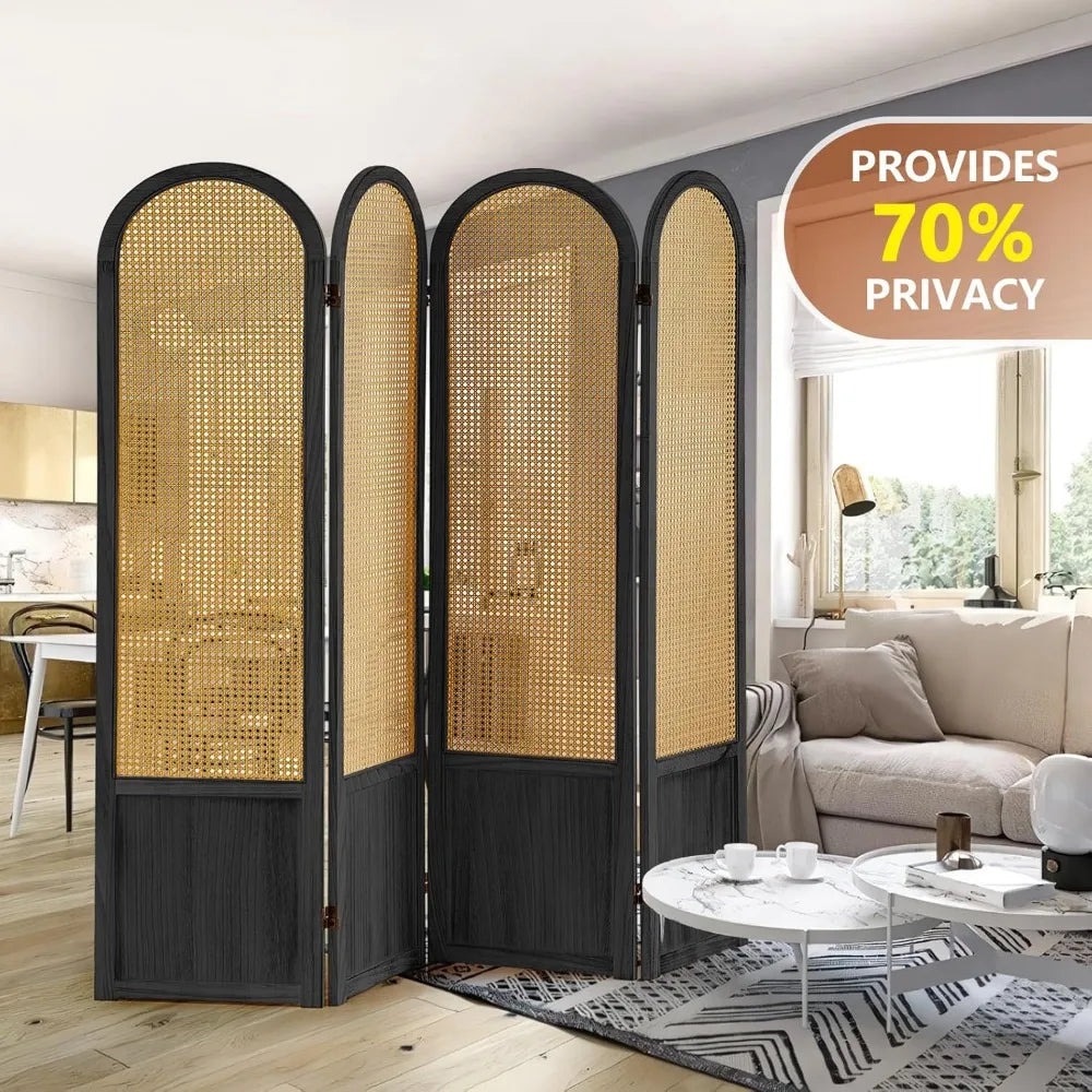 Hand-Woven Rattan Room Divider Folding Privacy Screen 5.6 Ft 4 Panels