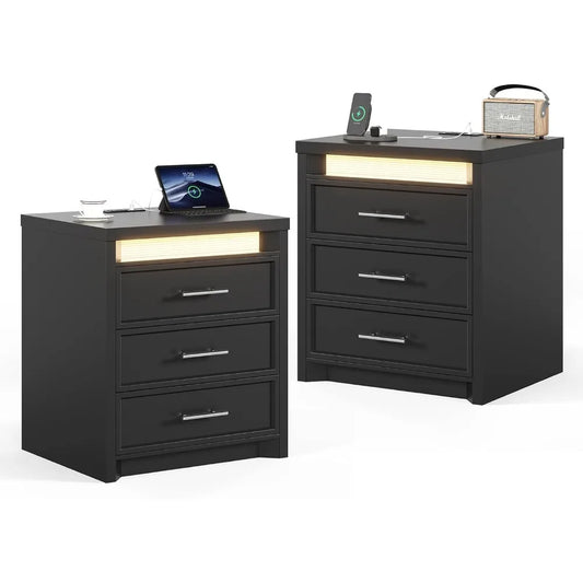 Night Stand with Charging Station LED Lightbox 3 Drawer Bedside Table