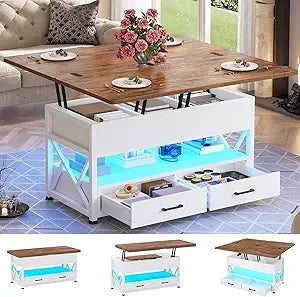 40 Inch Lift Top Coffee Table with Storage LED Light and Drawers