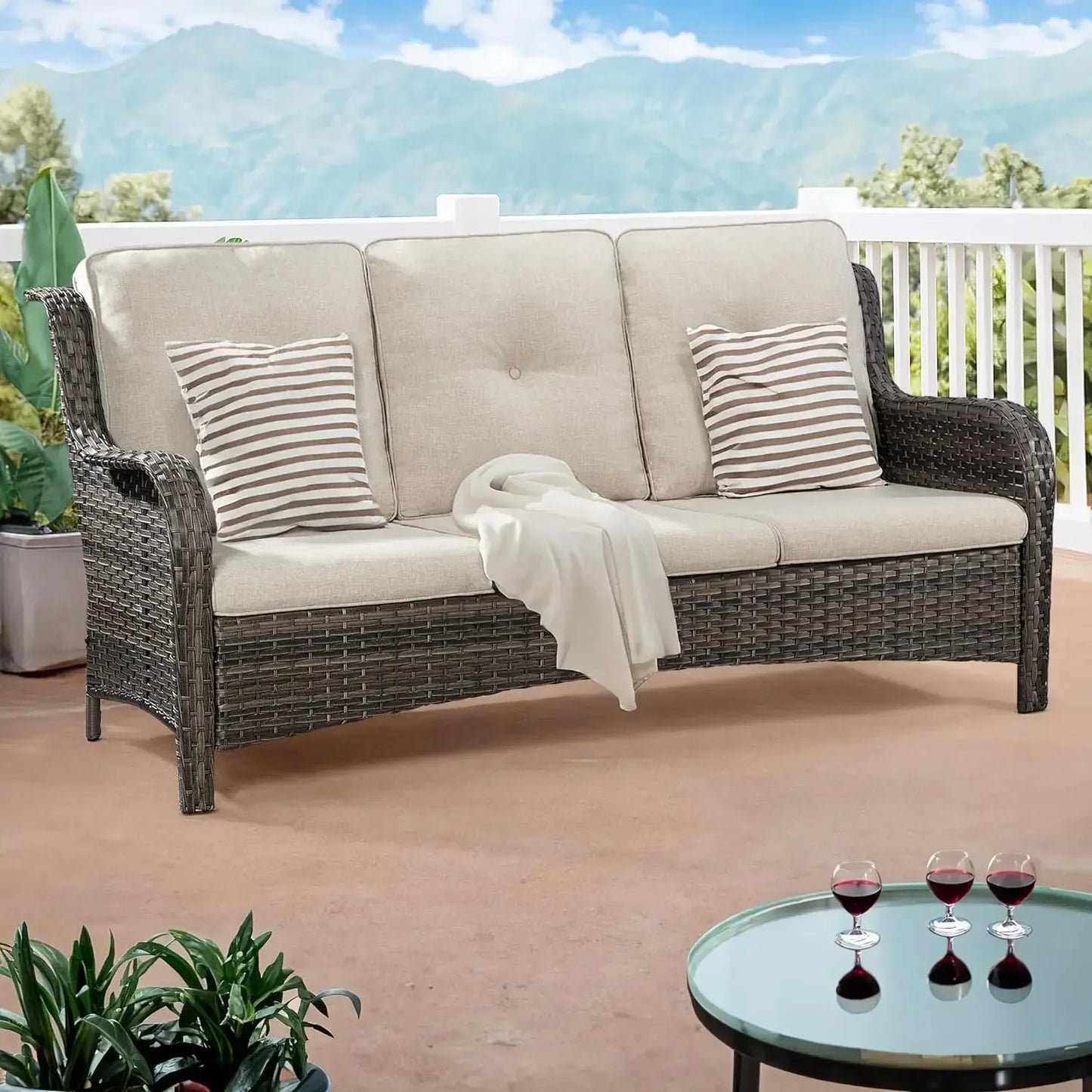 Ljustra Outdoor Wicker Patio Sofa 3-Seat with Comfortable Cushions