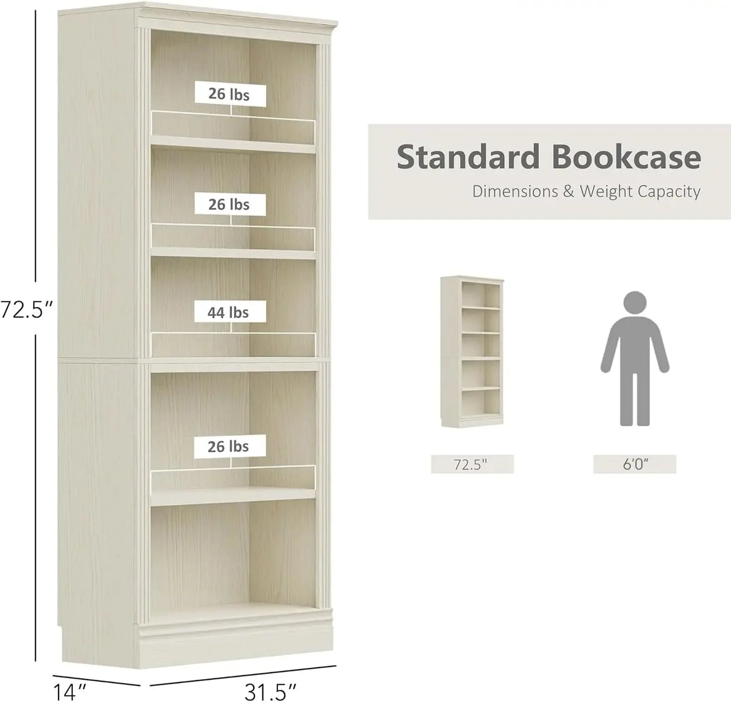 Standard 5 Tier Bookshelf Adjustable Shelves Floor Standing Organizer