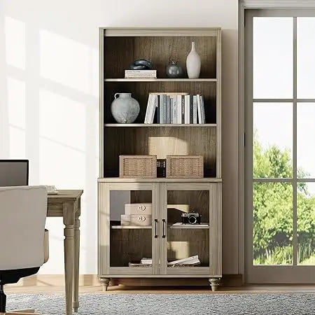 5 Tier Farmhouse Bookshelf Large Display Bookcase with Glass Doors