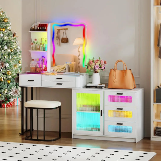 Large Makeup Vanity Desk with Mirror RGB Lights Charging Station
