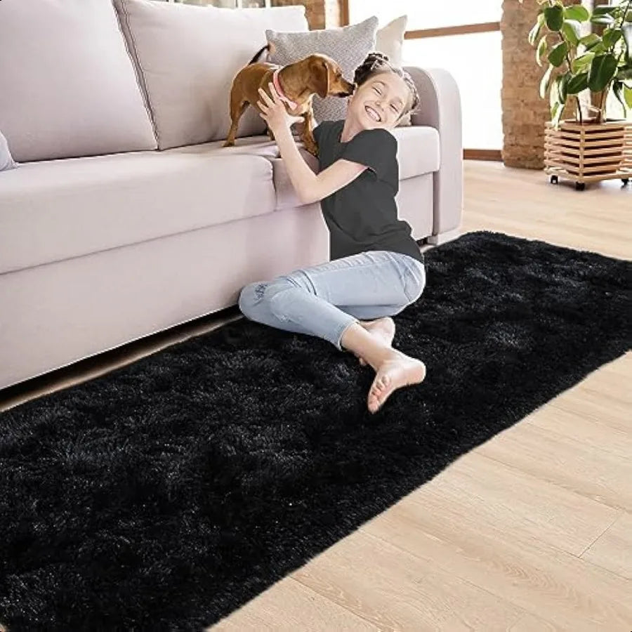 Black Runner Rug 2'x6' Long Area Rug Non Slip Shag Carpet for Home