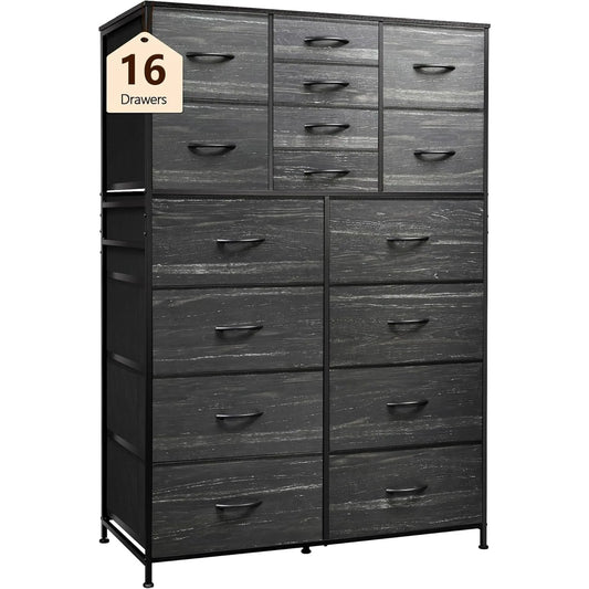 16 Drawers Dresser, Tall Dresser for Bedroom, Closet, Hallway, Storage Dresser Organizer Unit, Charcoal Black Wood Grain Print