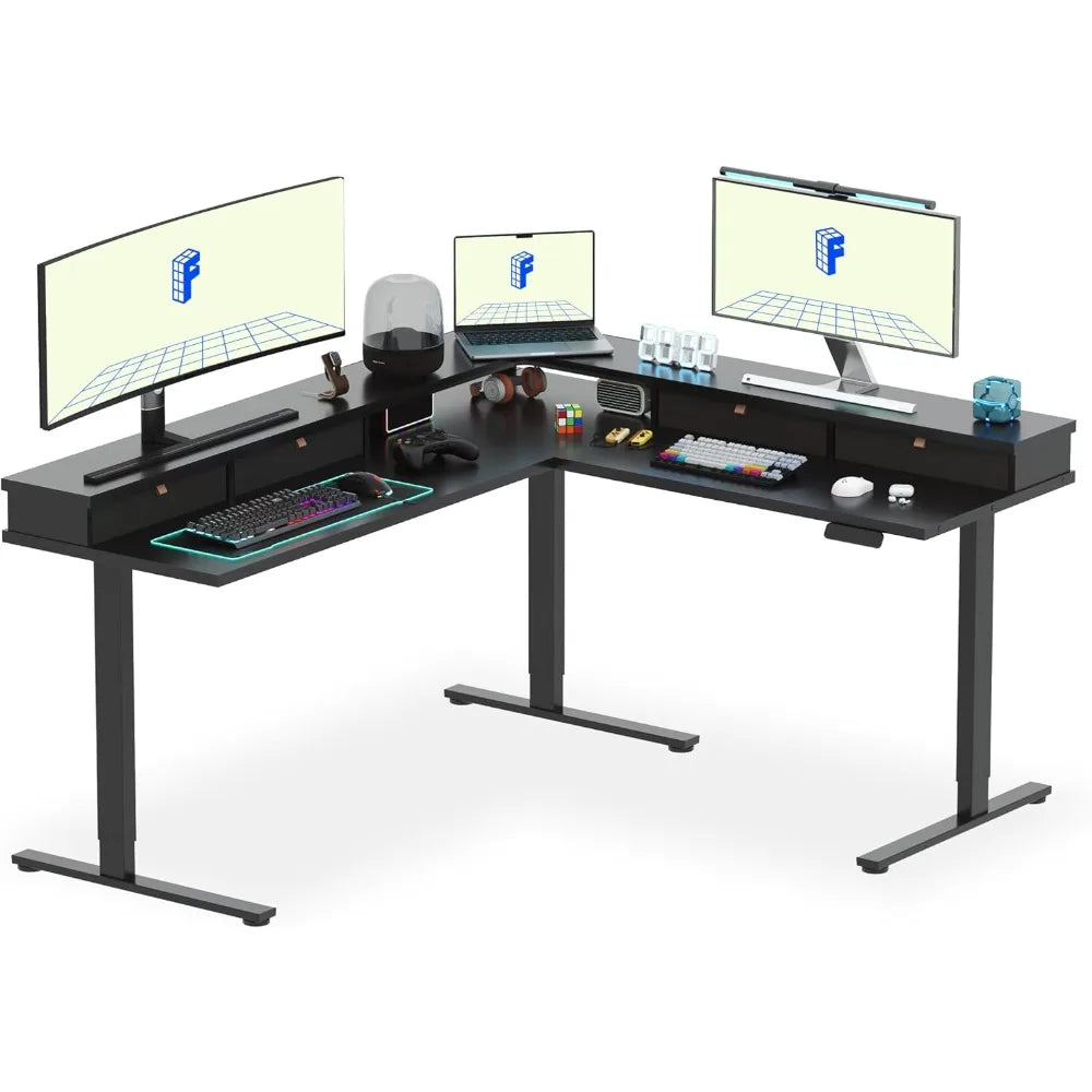 Large L Shaped Electric Standing Desk with Storage Drawers and Shelf