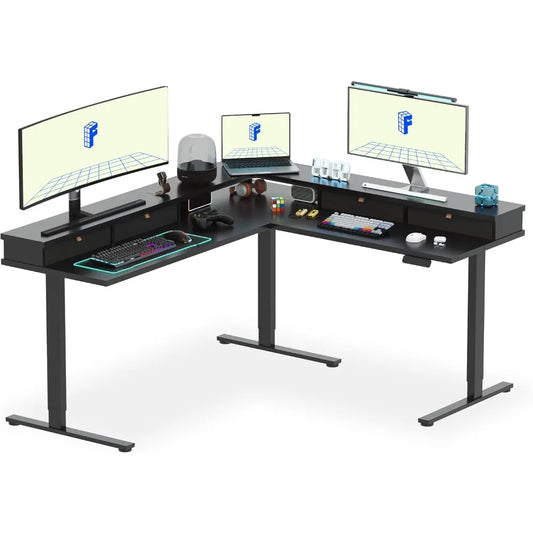Large L Shaped Electric Standing Desk with Storage Drawers and Shelf