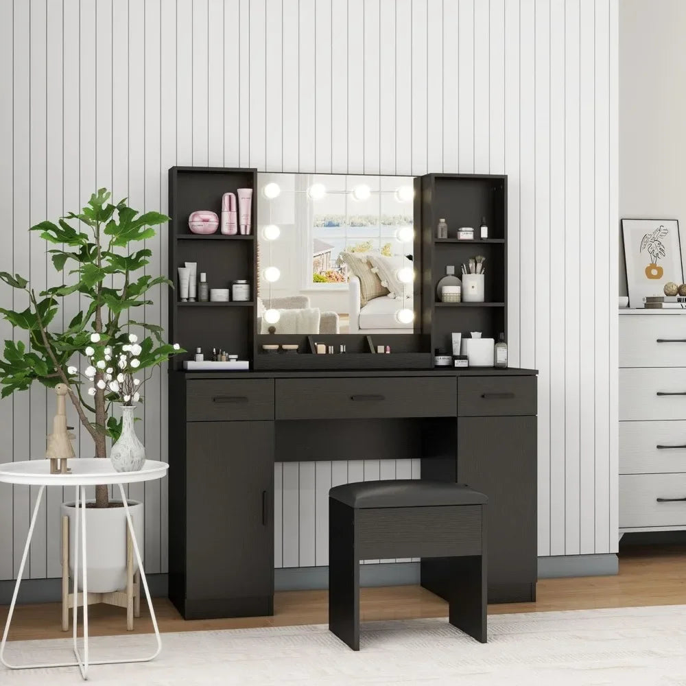 Modern Vanity Desk Makeup Table with Lights Storage Drawers and Shelves