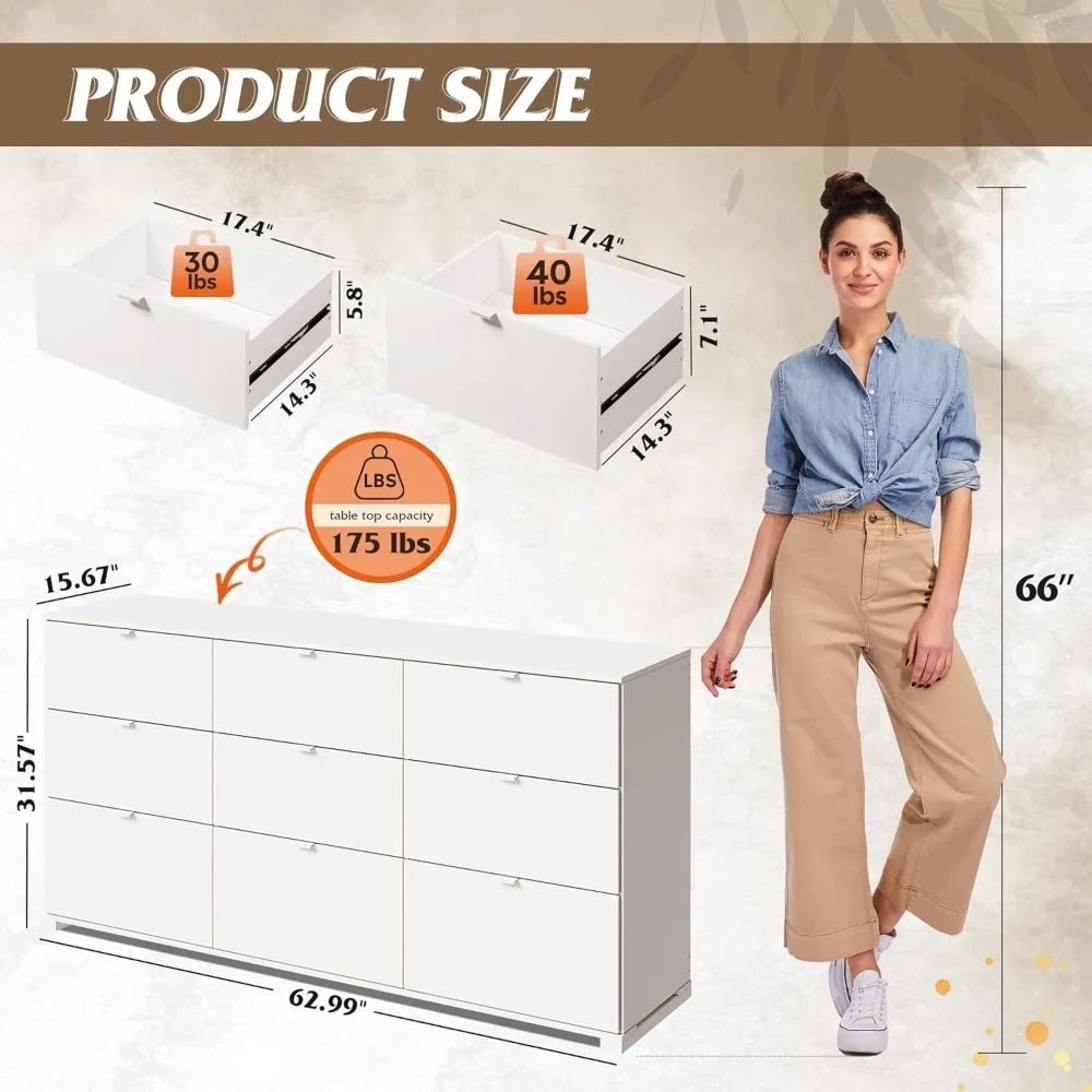 Ljustra Modern 9 Drawer Dresser Chest Large Wood Storage Organizer