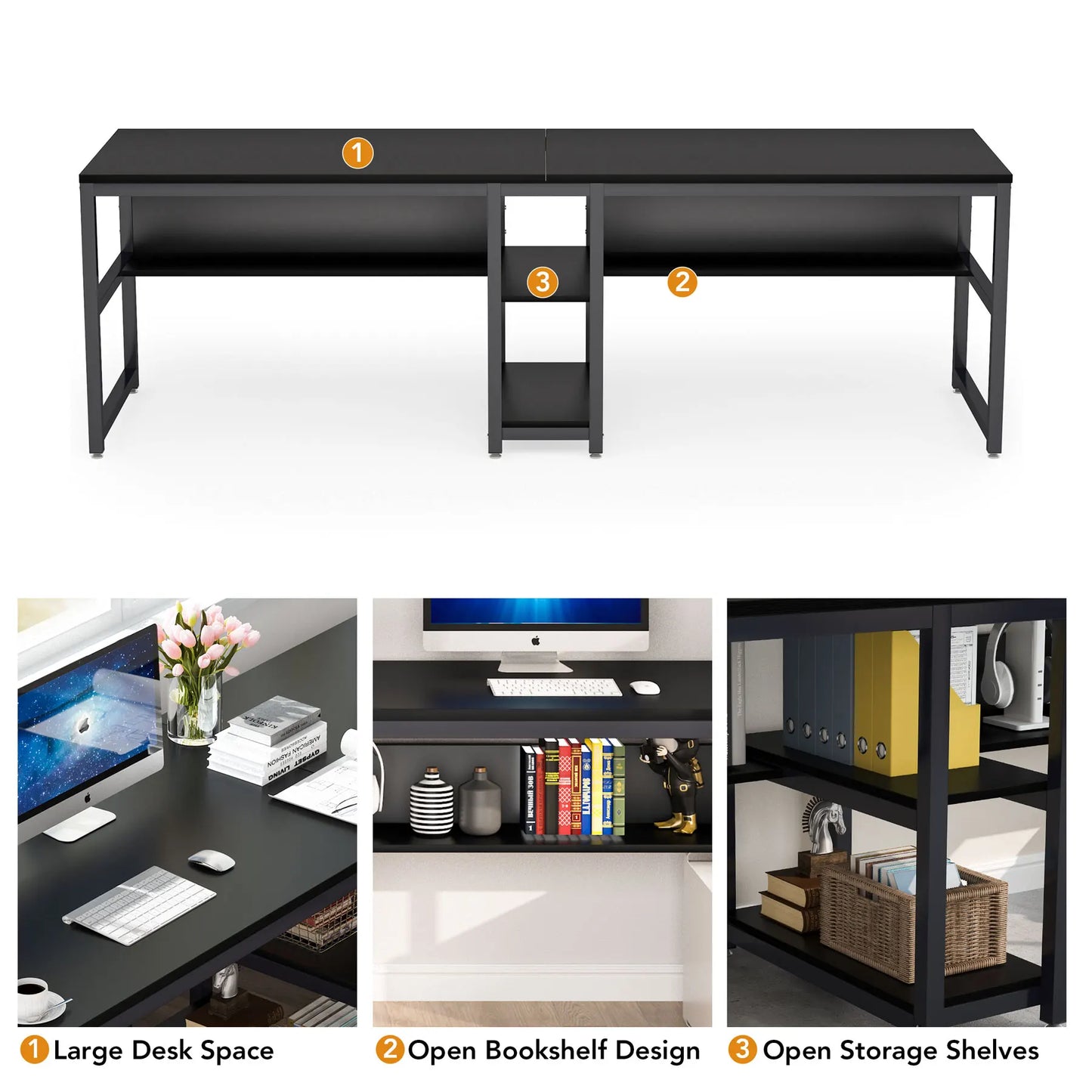 Ljustra Two Person Desk with Bookshelf Rustic Home Office Workstation