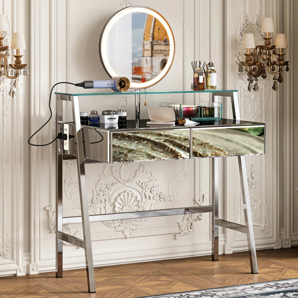33.9" Mirrored Makeup Vanity Desk with LED Mirror and Storage Drawers