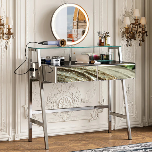 33.9" Mirrored Makeup Vanity Desk with LED Mirror and Storage Drawers