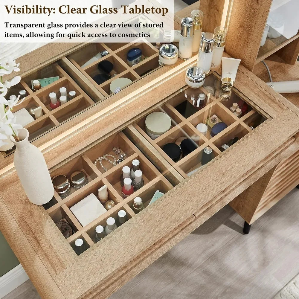 Fluted Makeup Vanity Desk with 35" Lighted Mirror and 5 Drawers