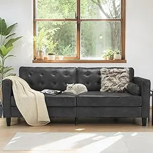 Ljustra Faux Leather Sofa 84 Inch Mid Century Modern Couch Blue