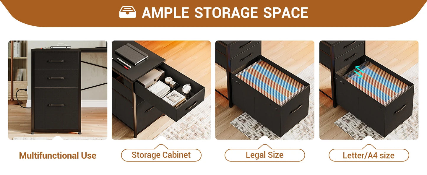 L Shaped Gaming Desk with Power Outlet LED Lights and Storage Shelves