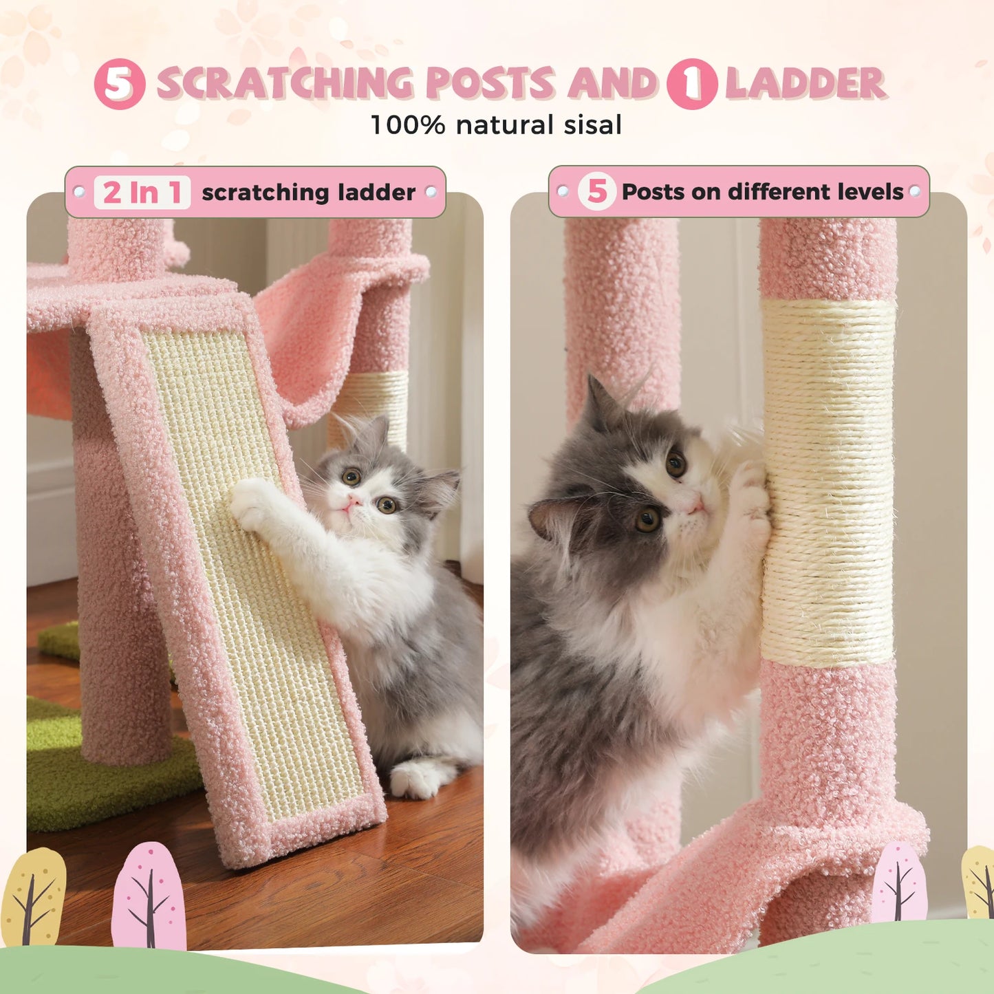 Cactus Cat Tree Floor to Ceiling Cat Tower 7 Tiers with Hammocks and Scratching Posts
