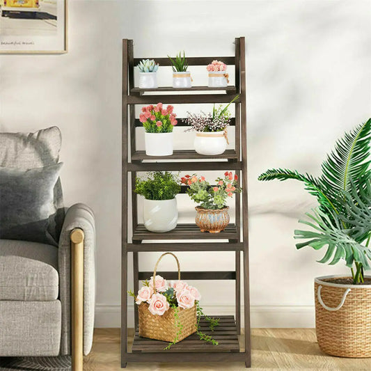 Rustic Wood Plant Stand 43" Foldable 4-Shelf Indoor Outdoor Rack