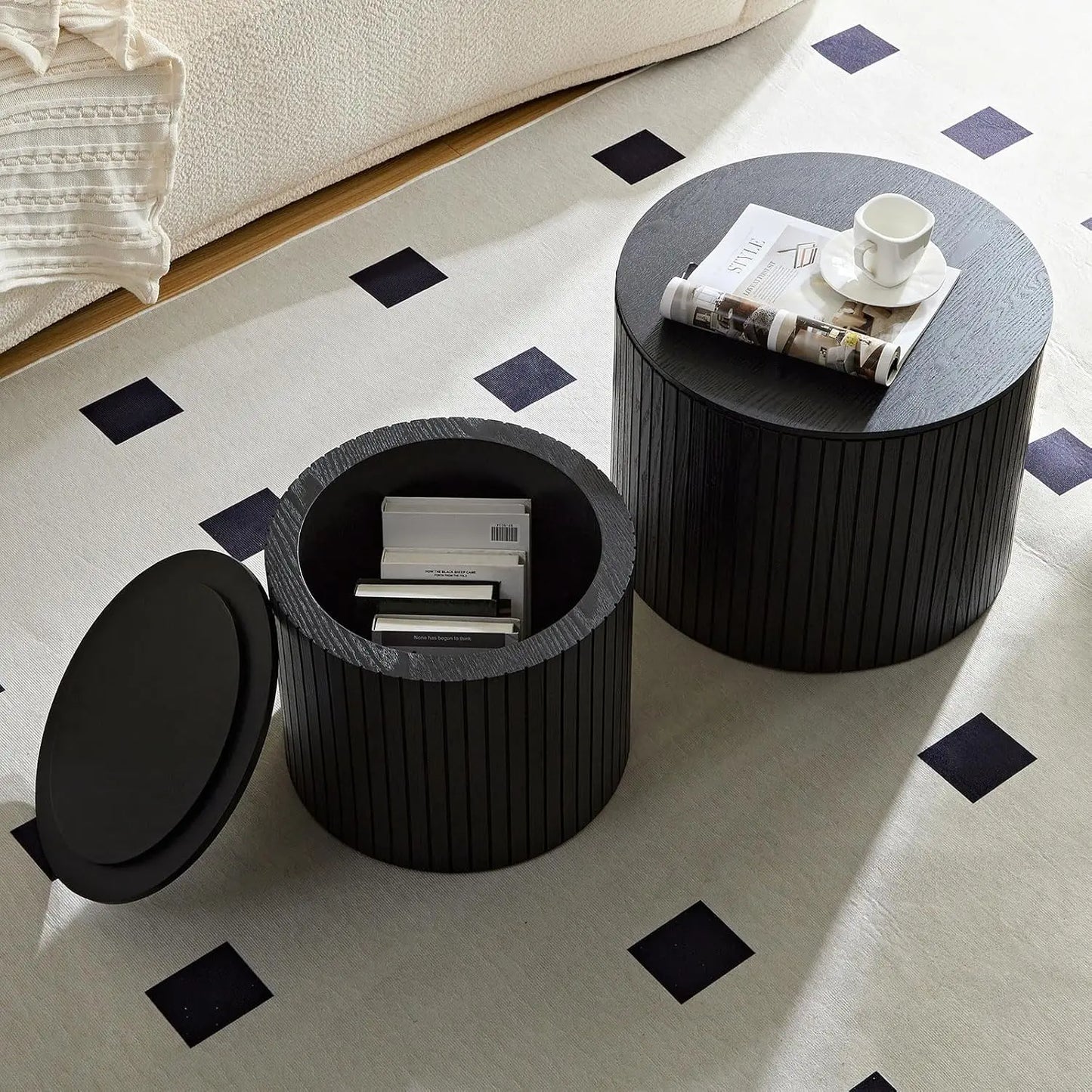 Round Nesting Storage Side Table Set of 2 Modern Wood Accent Tables