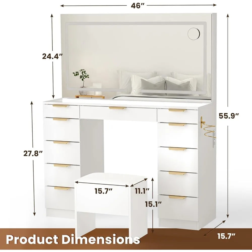 Ljustra Glass Top Vanity Desk with Mirror and Lights 11 Drawers Stylish Design