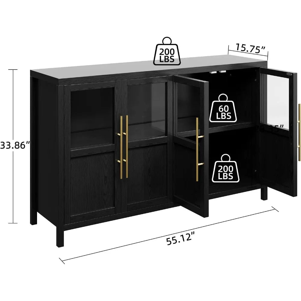 Large Sideboard Buffet Cabinet with 4 Glass Doors Modern Storage