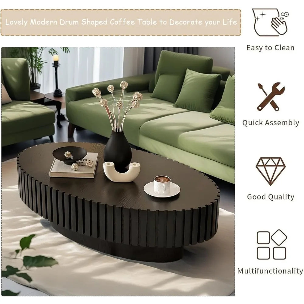Modern Oval Coffee Table Handcrafted Drum Fluted Center Table