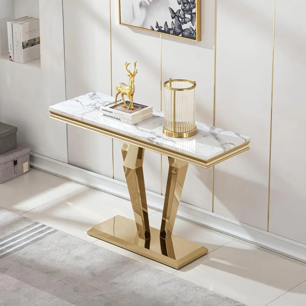 47 Inch White Marble Console Table Modern Stainless Steel D-Base