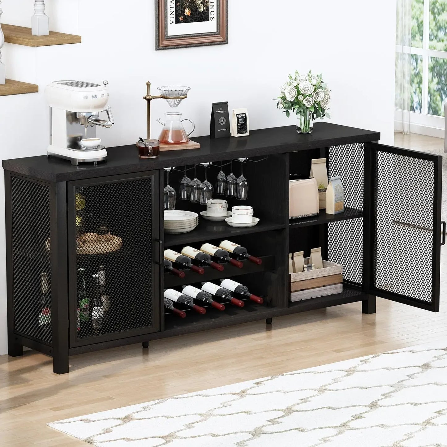 Black Wine Bar Cabinet Coffee Bar Cabinet with Storage Farmhouse Buffet
