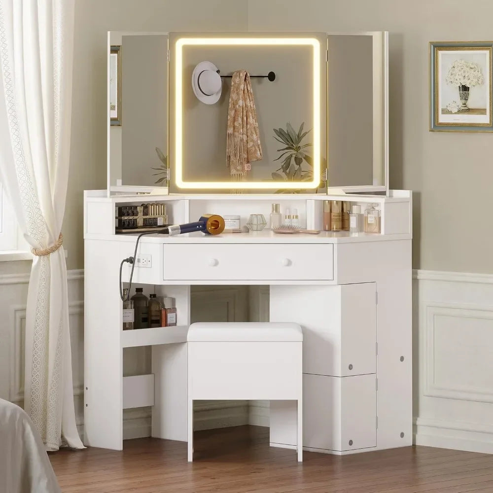 Modern Vanity Desk Tri-Fold Mirror Lights Storage Corner Makeup Table