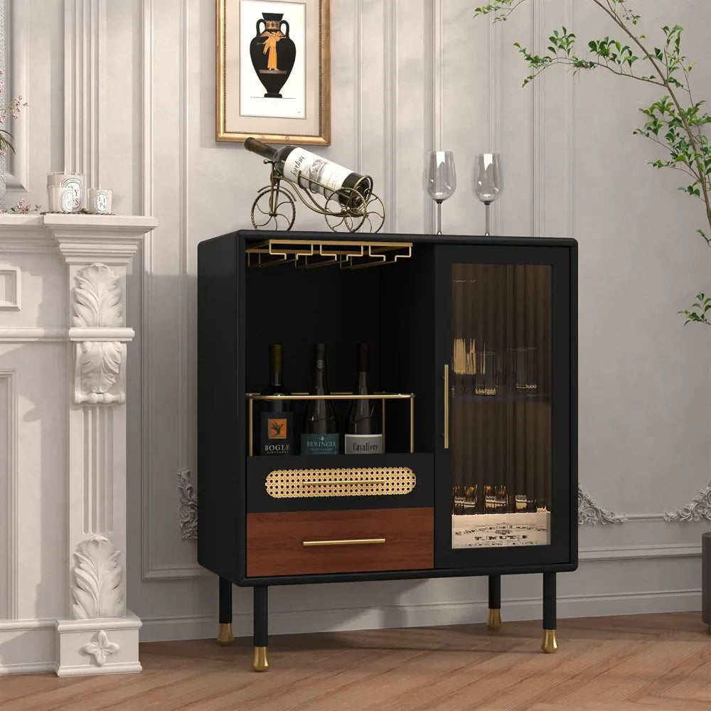 Modern Coffee Bar Cabinet with Wine Glass Rack and Drawers Storage