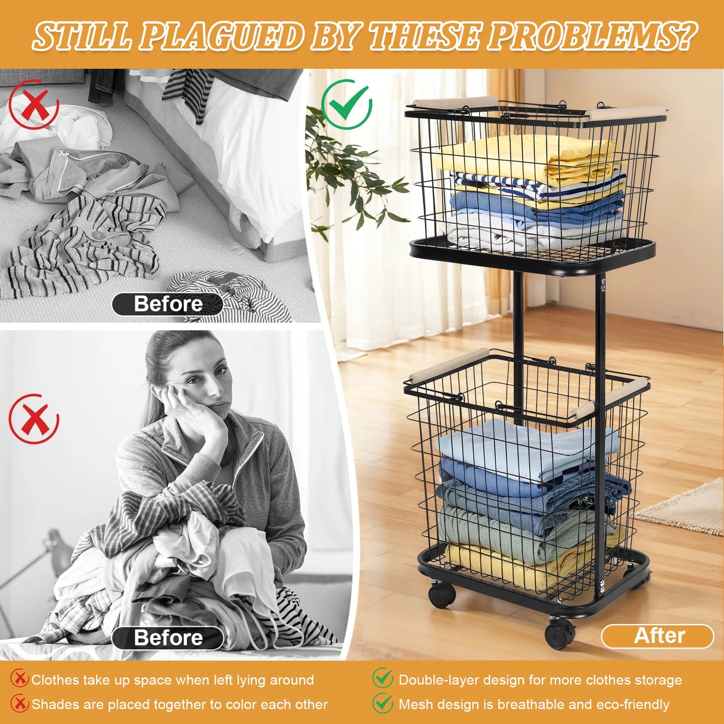 2 Tier Rolling Laundry Basket with Wheels Metal Storage Cart Hamper
