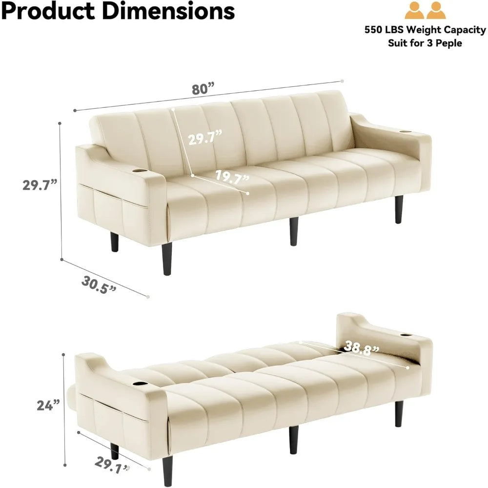 Ljustra 80 Inch Leather Couch Futon Sofa Bed Adjustable Backrest