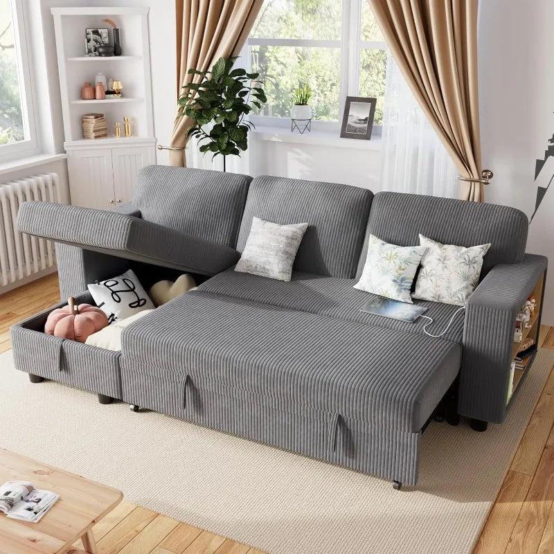 80 Inch Sleeper Sofa Couch with USB Charging Ports and Bookshelves