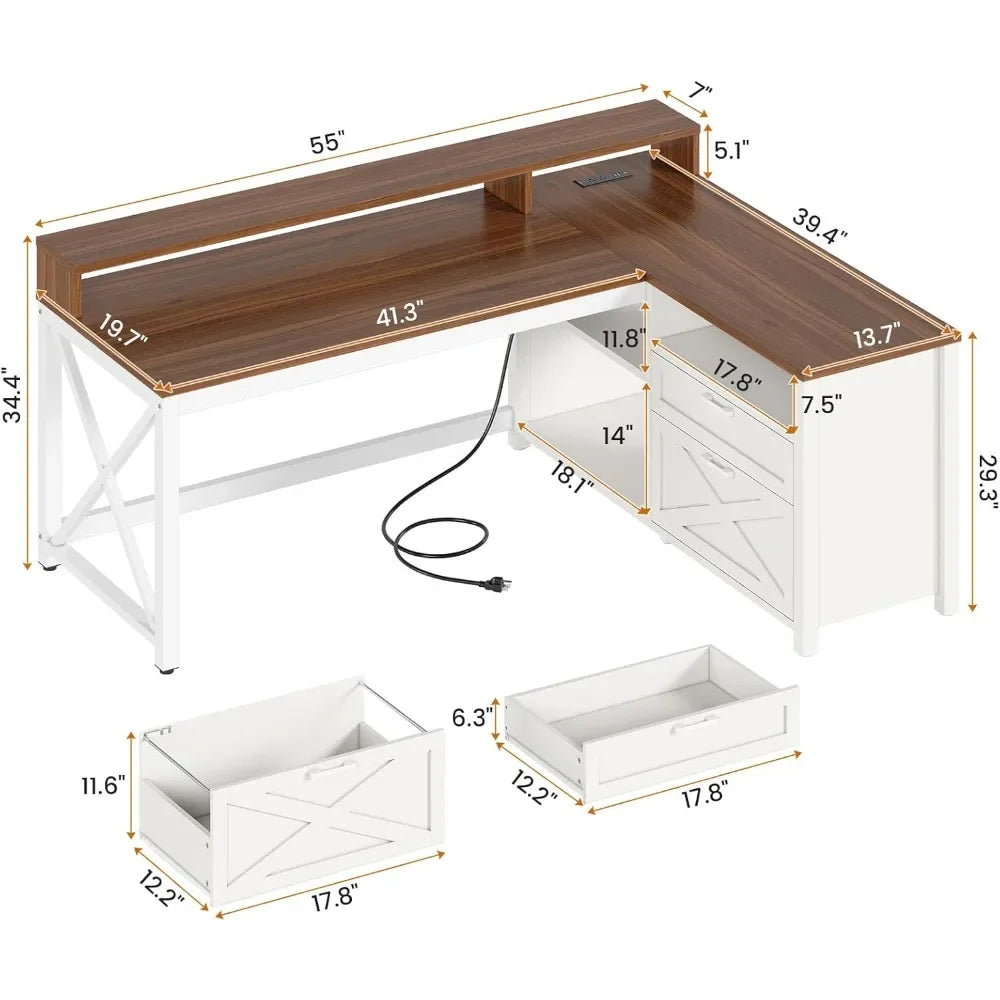 Farmhouse L Shaped Desk 55 Inch Office Gaming Desk with LED Lights