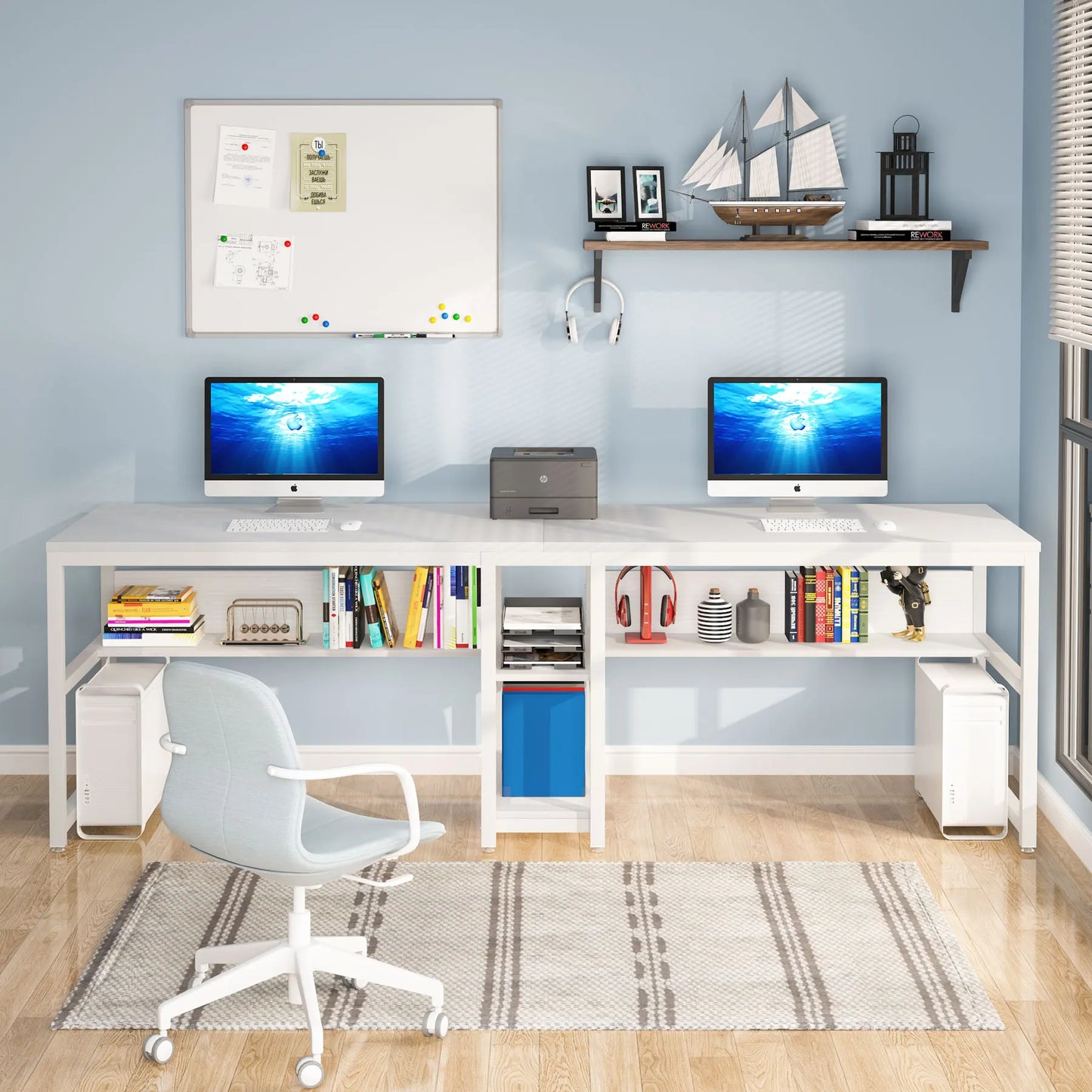 Ljustra Two Person Desk with Bookshelf Rustic Home Office Workstation