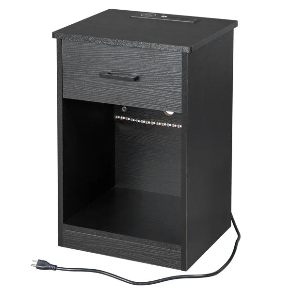 Modern LED Bedside Table with Drawer and USB Charging Black