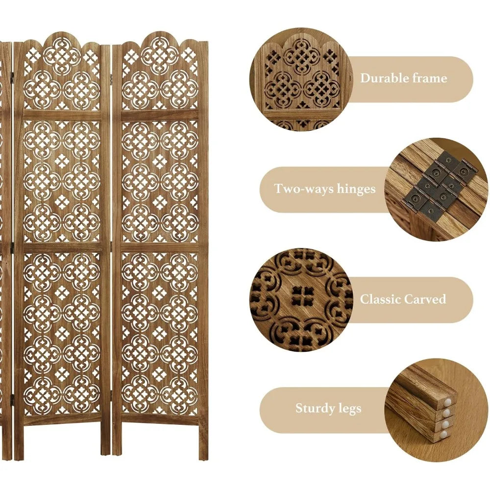 Ljustra 68.9 Inch Folding Room Divider 4 Panels Wood Carved Privacy Screen