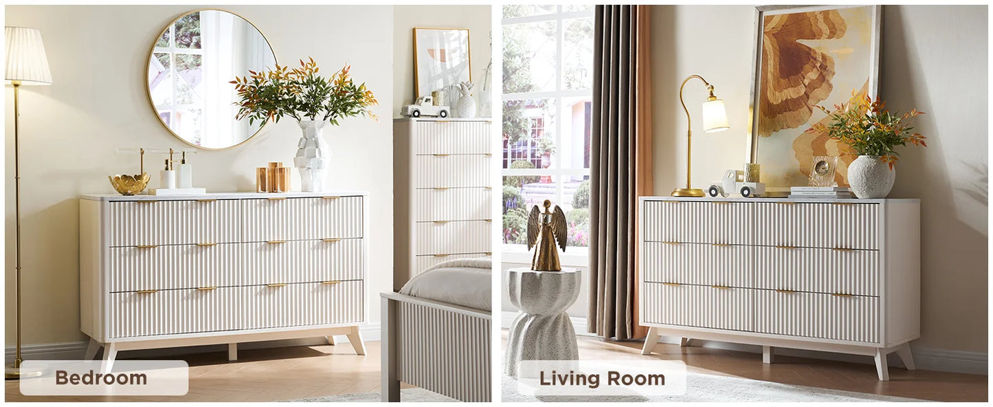 Modern 6 Drawer Dresser Faux Marble Top Fluted Chest of Drawers