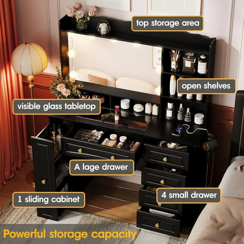 Makeup Vanity with Mirror and Lights Large Black Dressing Table